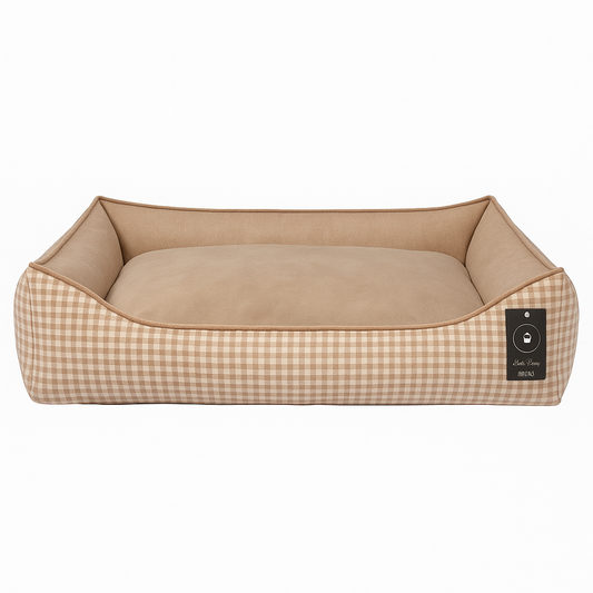 Luxury Calming Zipper Dog Bed Beige Houndstooth | Anti Slip | Anti Allergy | Orthopedic | Vet Approved