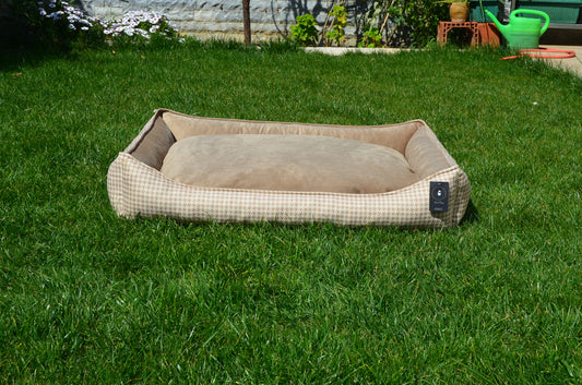 Luxury Calming Zipper Dog Bed Beige Houndstooth | Anti Slip | Anti Allergy | Orthopedic | Vet Approved