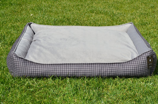 Luxury Calming Zipper Dog Bed Grey Houndstooth | Anti Slip | Anti Allergy | Orthopedic | Vet Approved