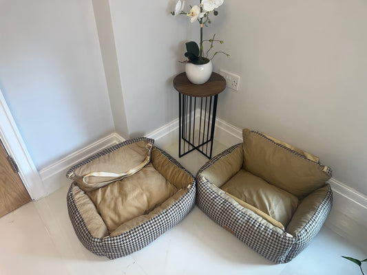 Luxury Dog Pet Seat Grey Houndstooth | Orthopaedic | Anti-Allergen | Machine Washable